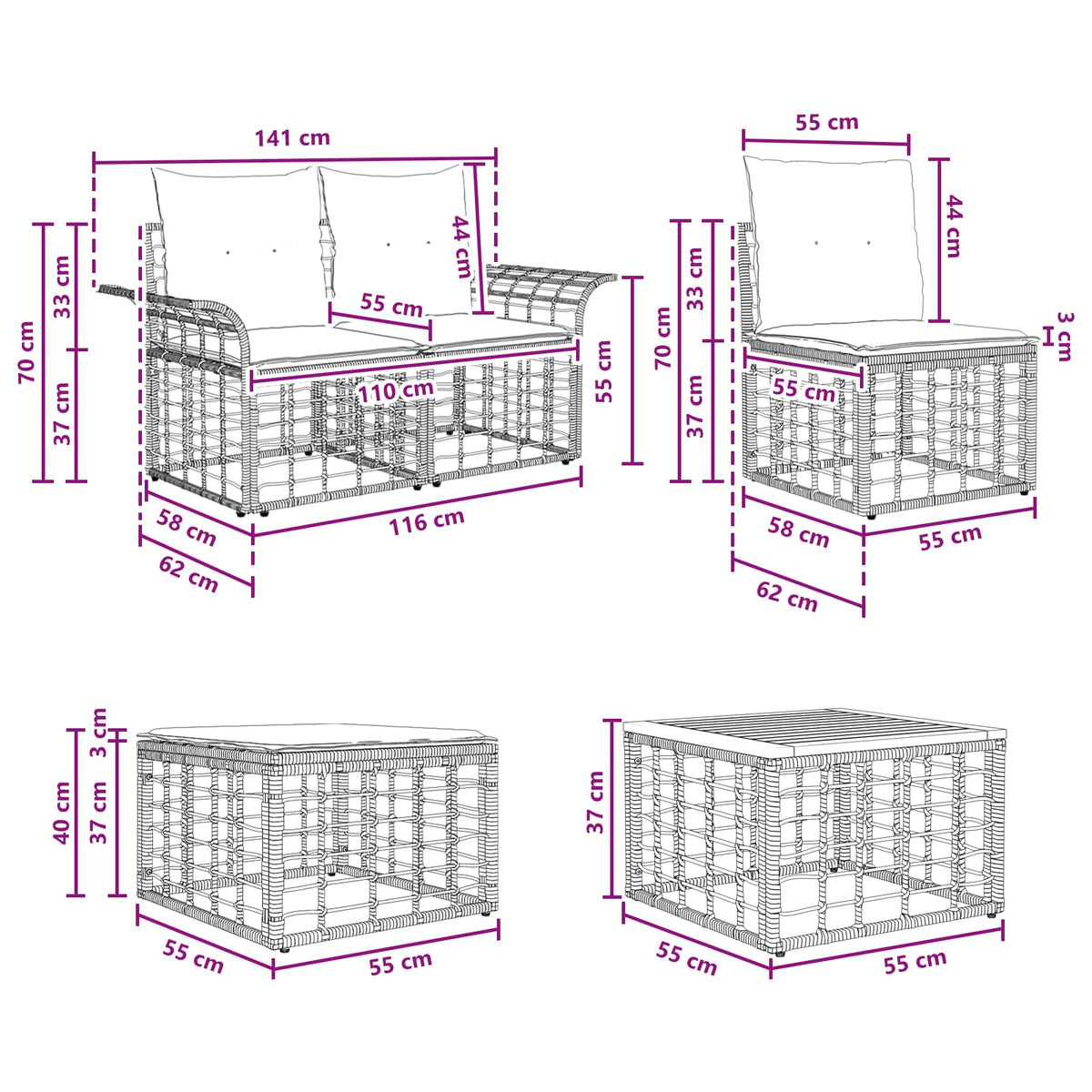 Set vanjskih sofa 6 kom. Crna i tamno siva Poliester