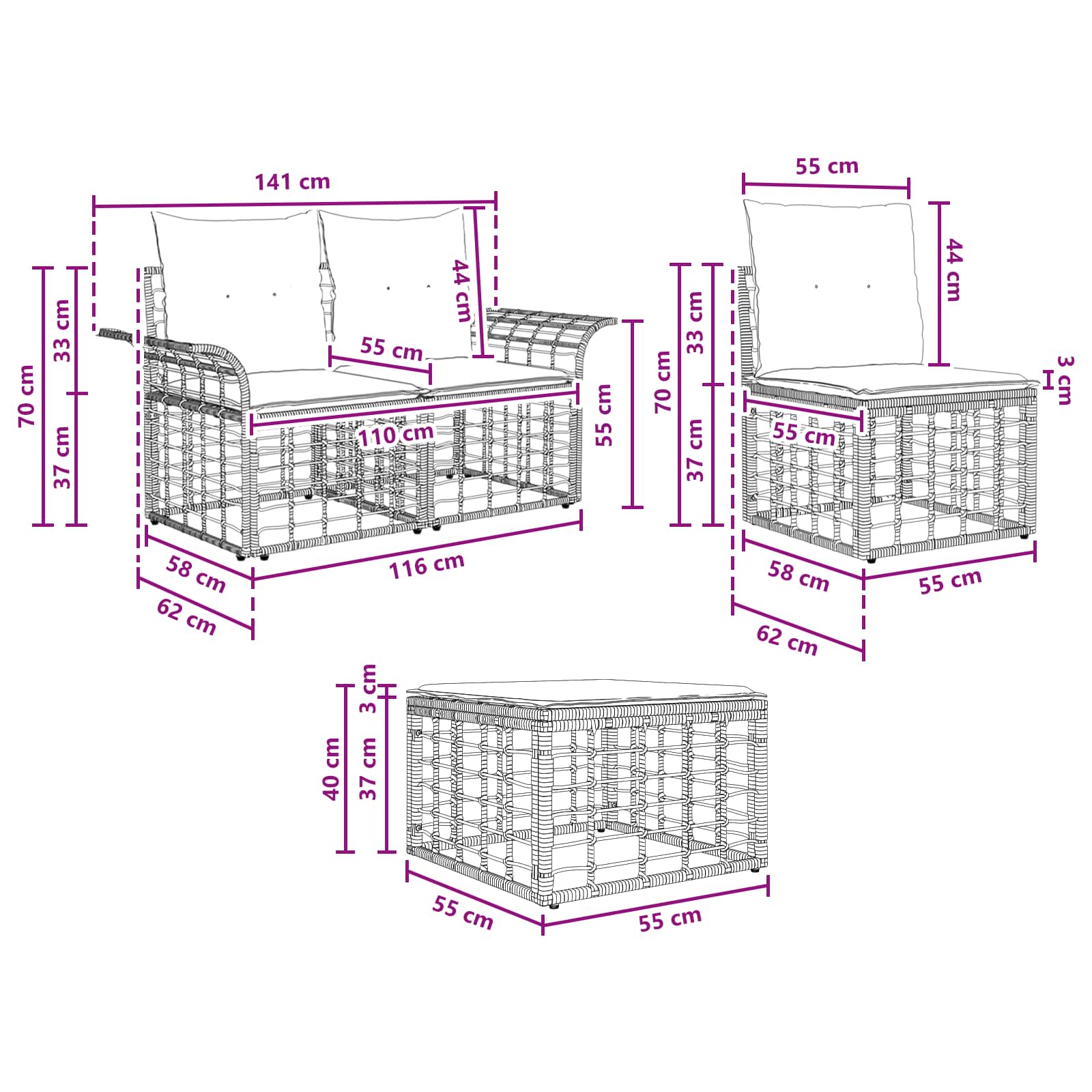 Set vanjskih sofa 9 pcs Crna i tamno siva Poliester