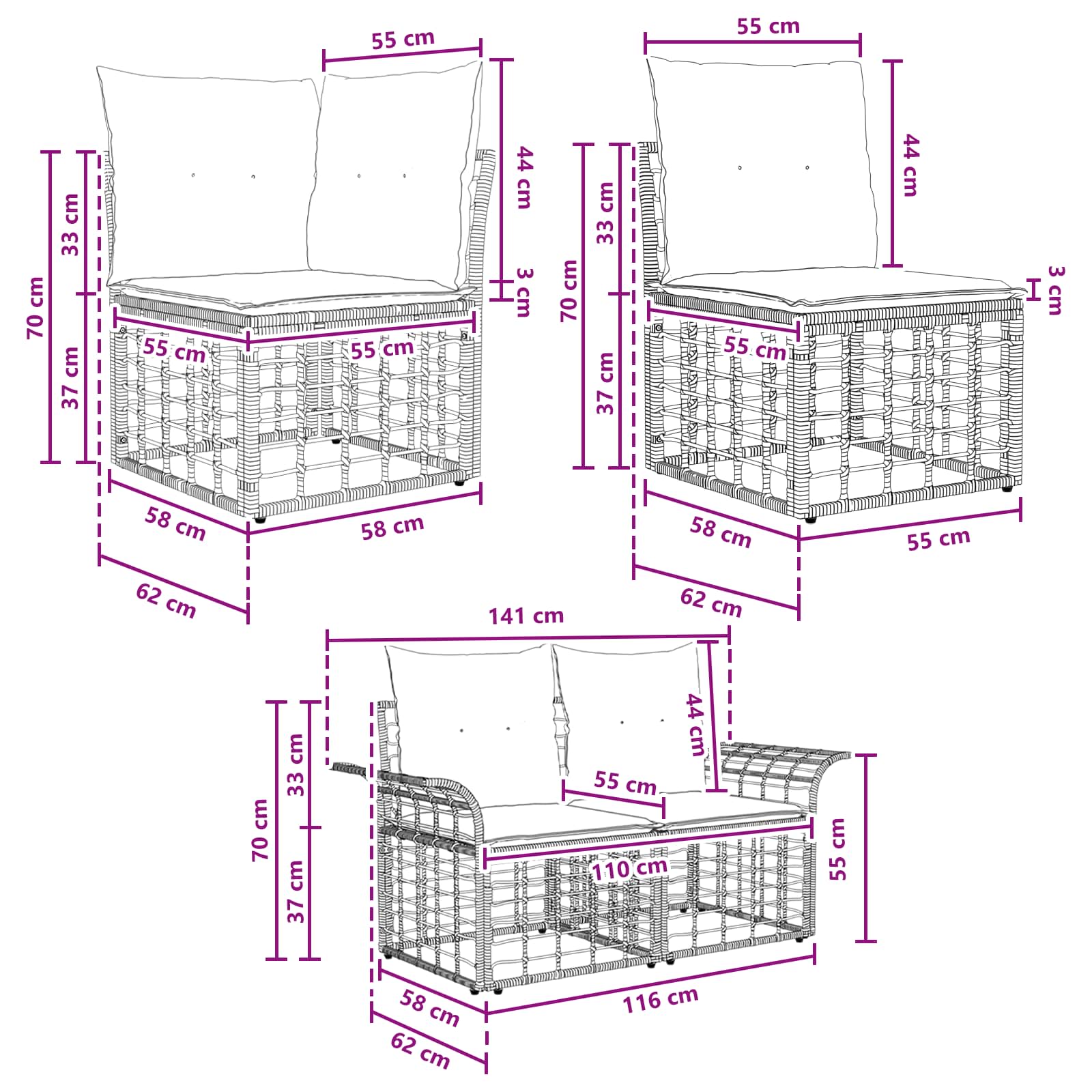 Set vanjskih sofa 12 pcs Crna i tamno siva Poliester