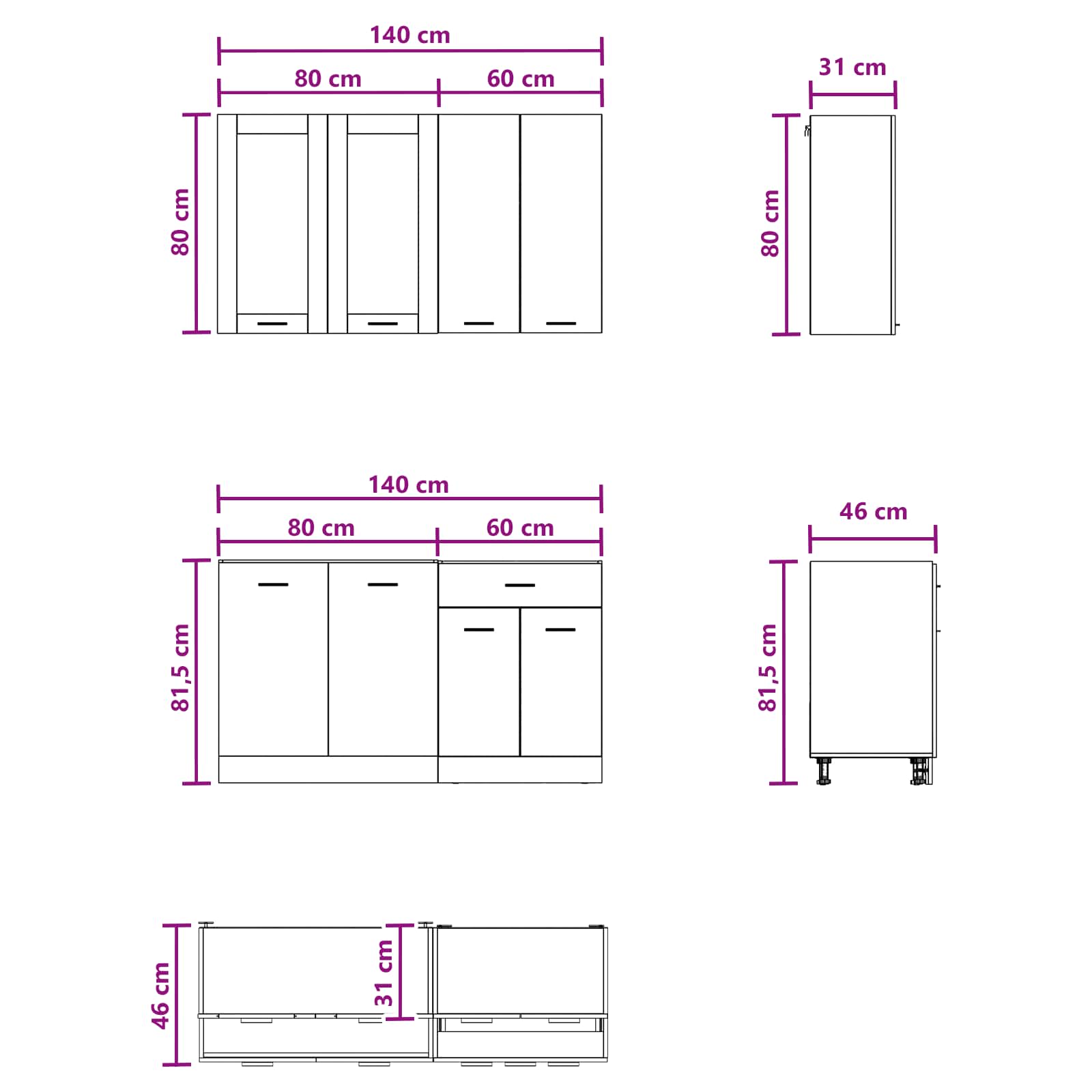 Kuhinjska jedinica LYON 4 pcs Crni hrast Konstruirano drvo