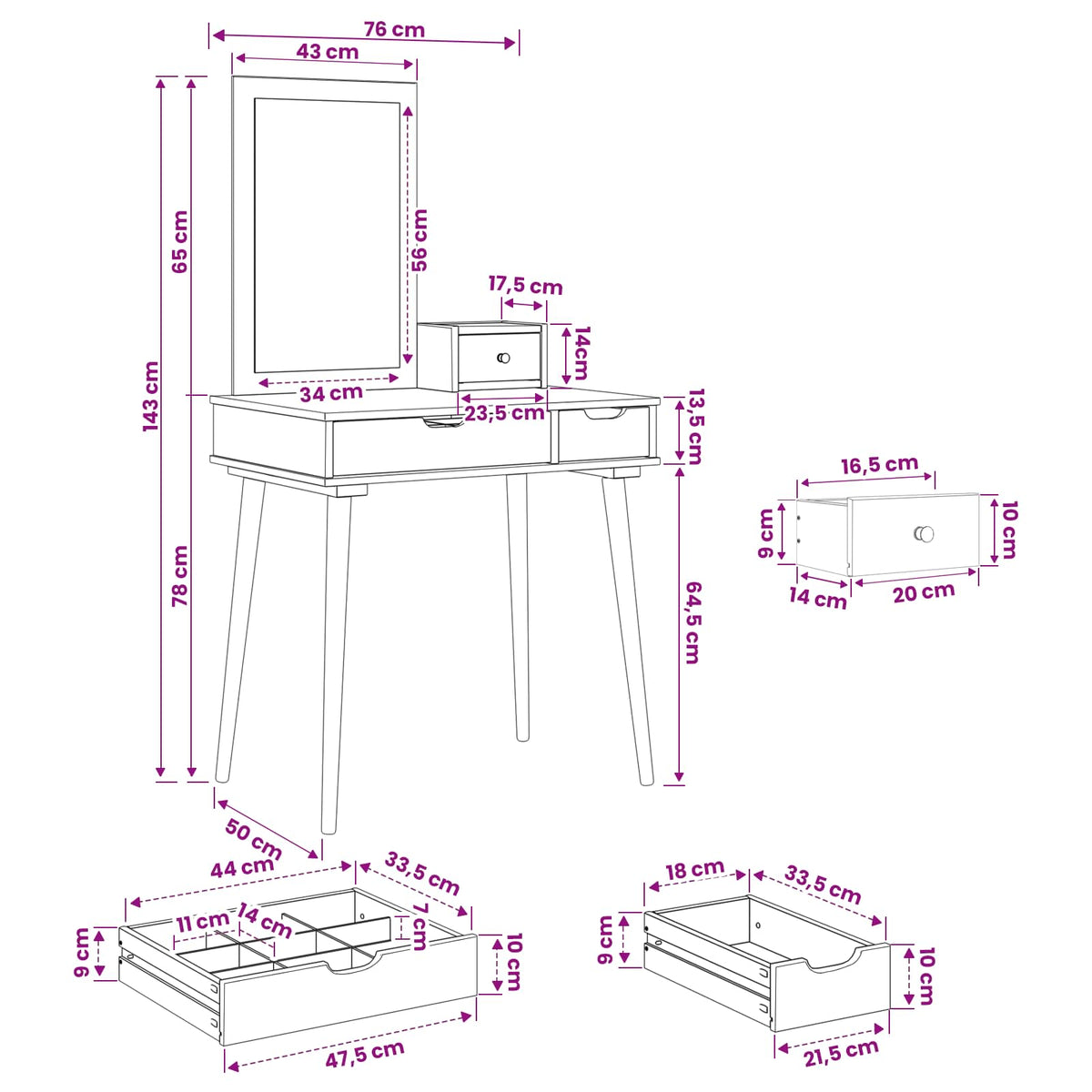 Set toaletnog stolića FAUSKE 3 kom. Bijela 76 x 50 x 143 cm