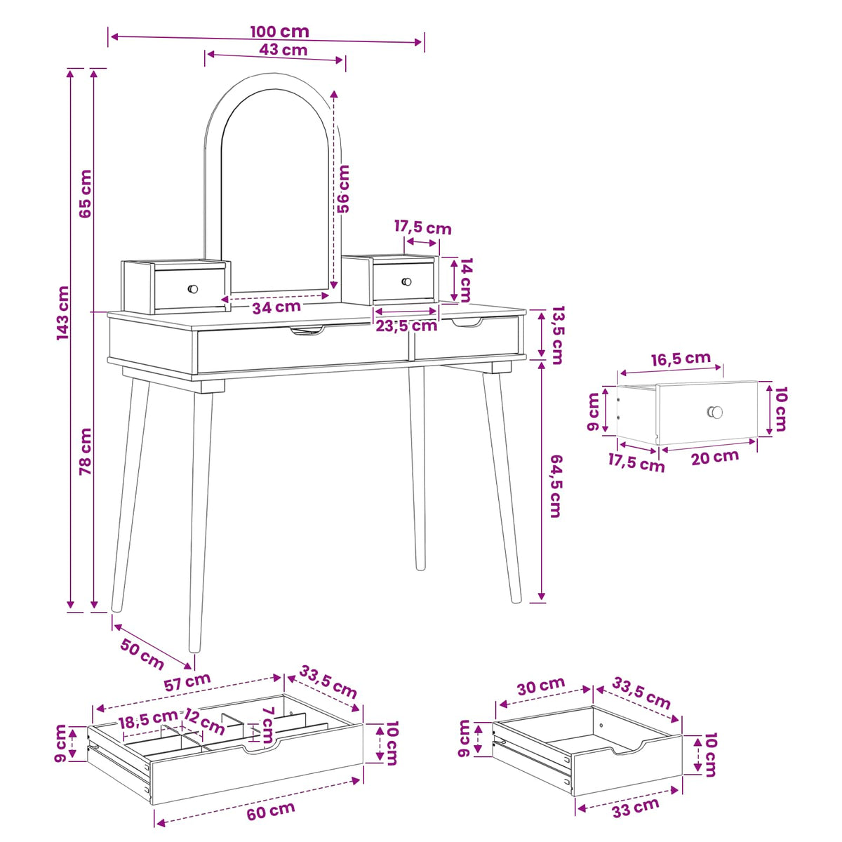 Set toaletnog stolića FAUSKE 4 kom. Bijela 100 x 50 x 143 cm