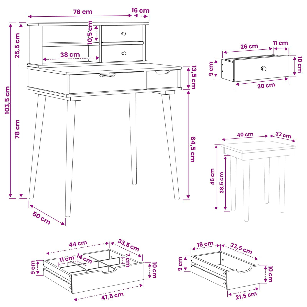 Set toaletnog stolića FAUSKE 3 kom. Bijela 76 x 50 x 103,5 cm