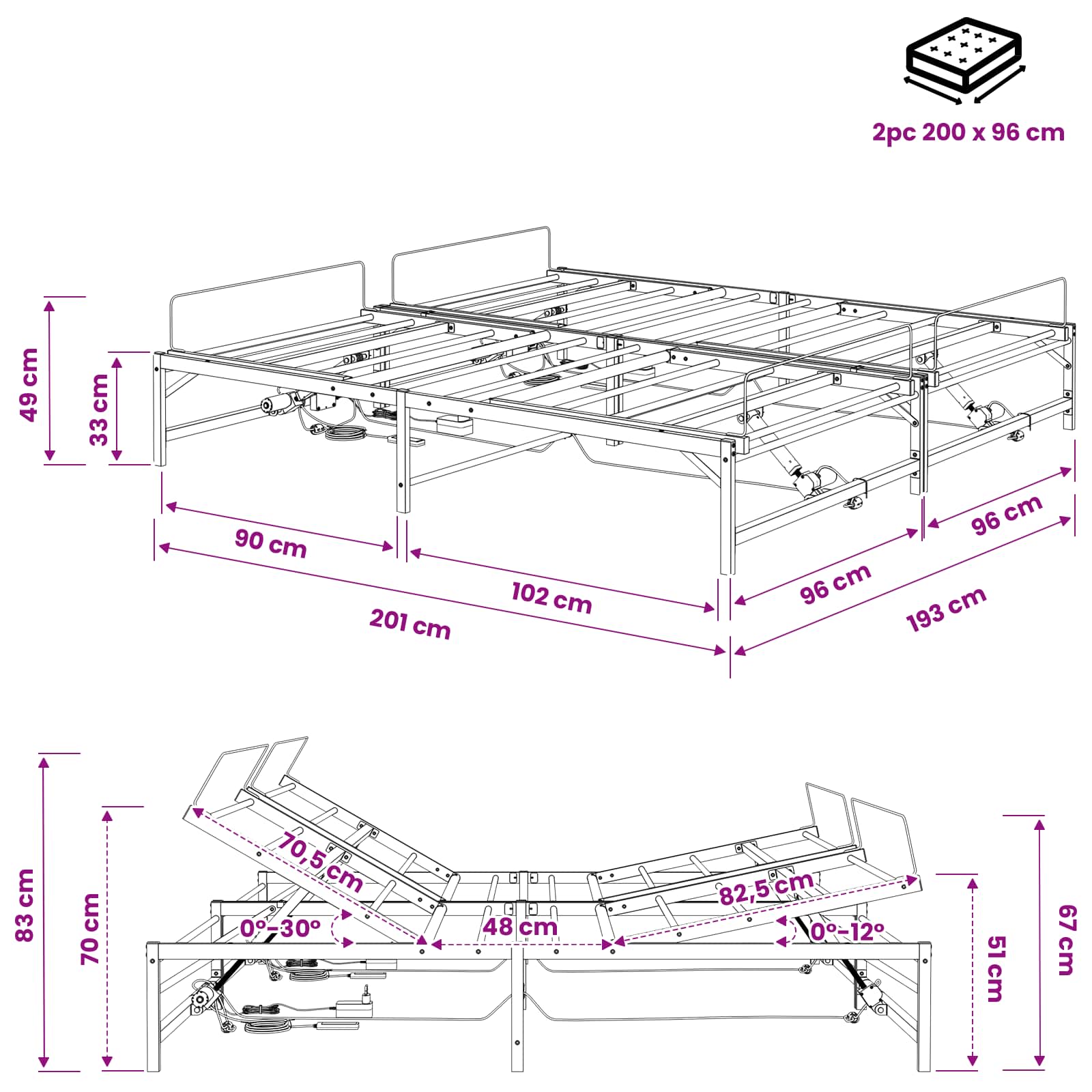 Električni podesivi okvir kreveta Crna 96 x 200 cm Čelik