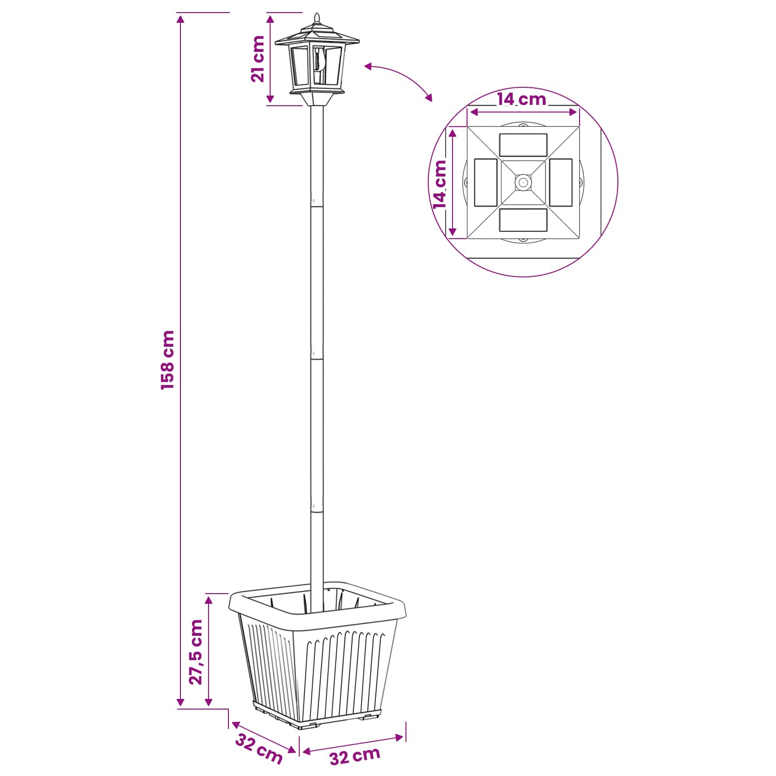 Solarna lampa s postoljem i saksijom Crna 32 x 32 x 158 cm