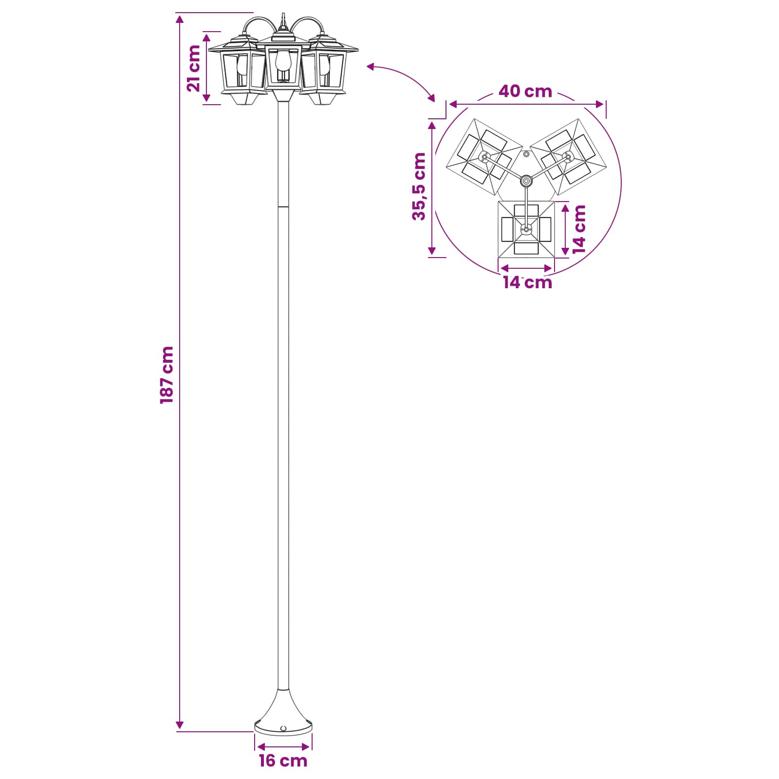 Lampa sa tri glave Crna 16 x 16 x 187 cm Aluminij i ABS