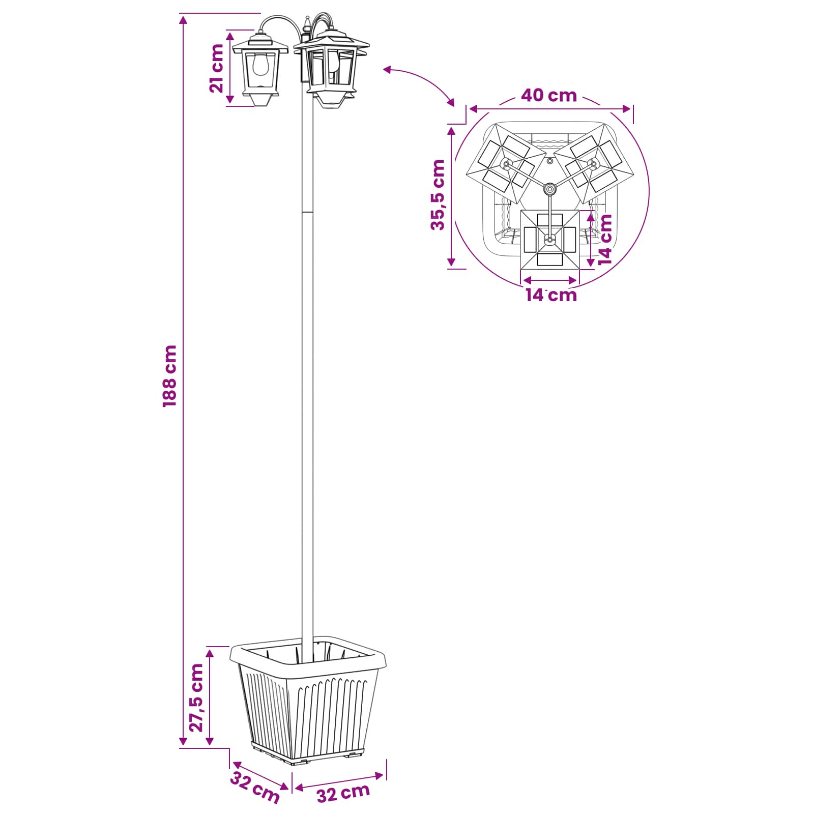 Lampion sa 3 glave s posadnikom Crna 32 x 32 x 188 cm