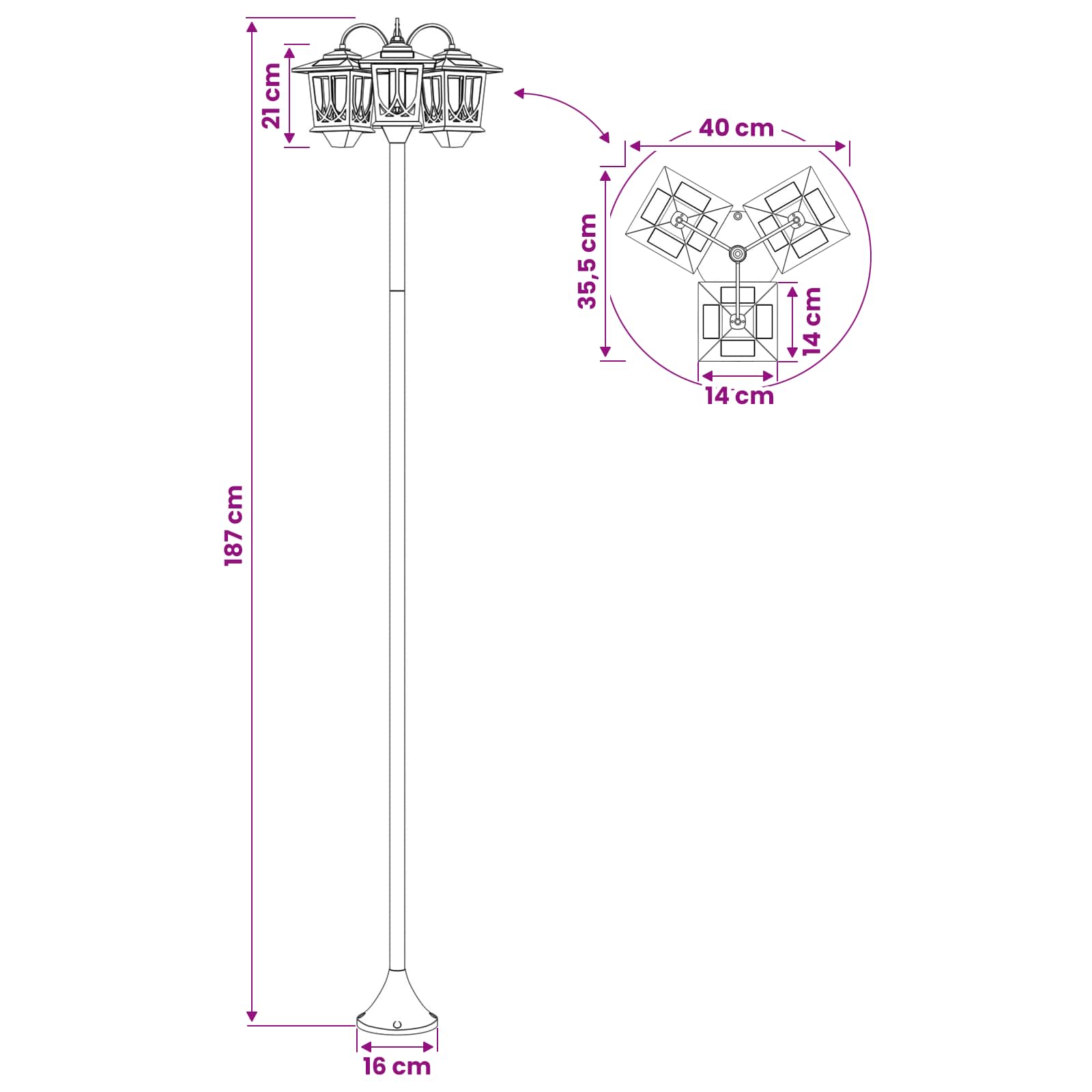 Lampa sa tri glave Crna 16 x 16 x 187 cm Aluminij i ABS
