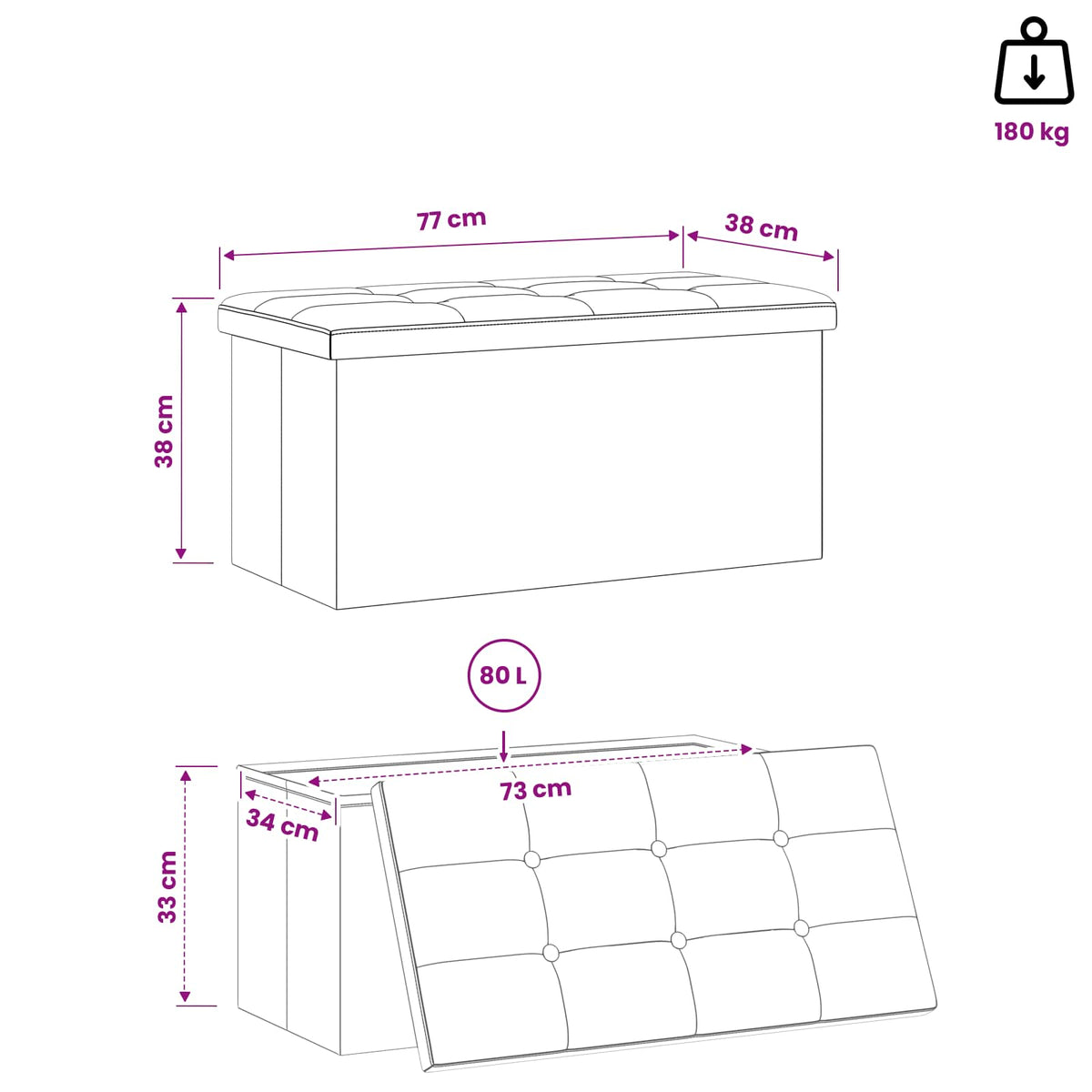 Sklopiva klupa za pohranu Plava 180 kg 80 L 77 x 38 x 38 cm