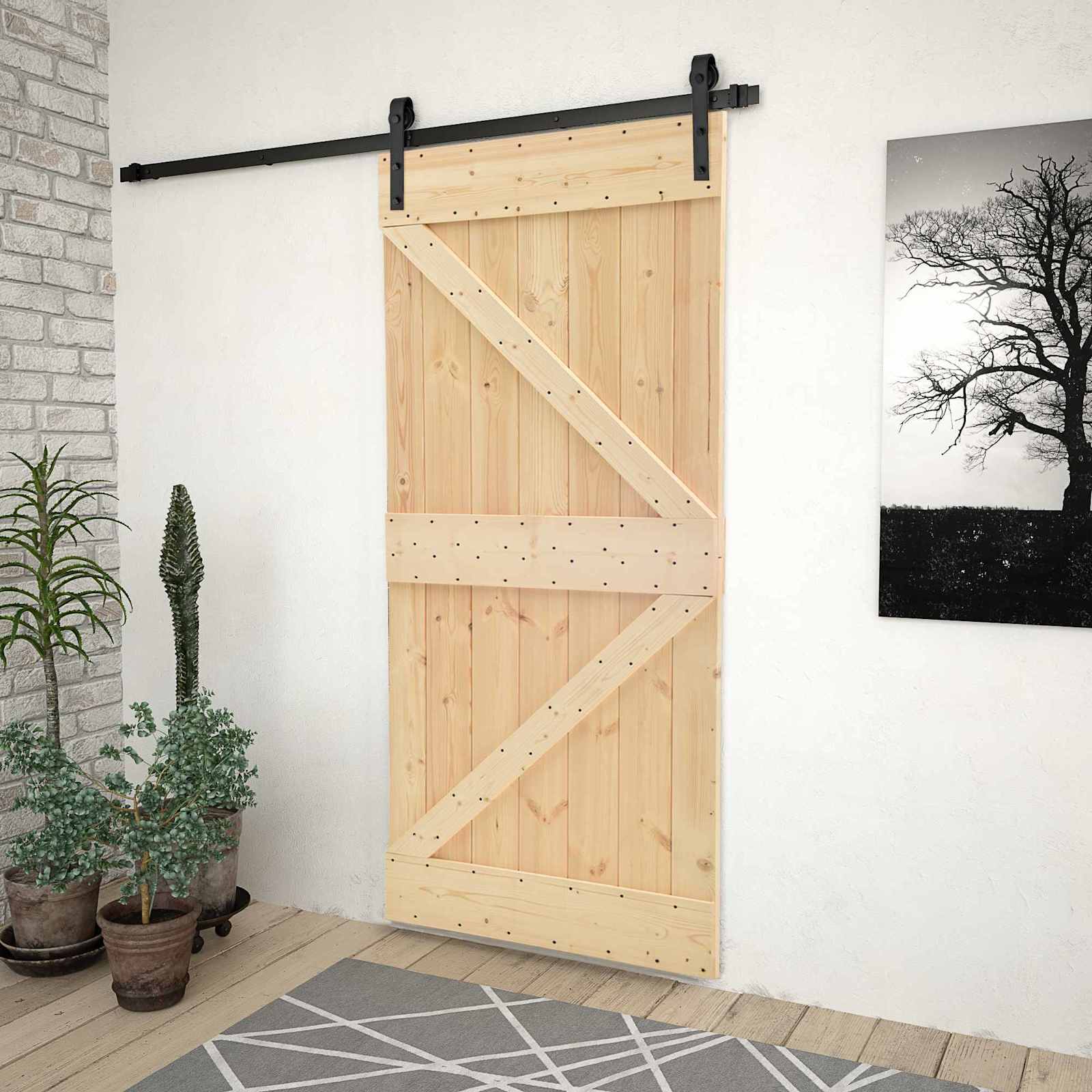 Klizna vrata Prirodna i crna 90 x 210 cm Masivna borovina