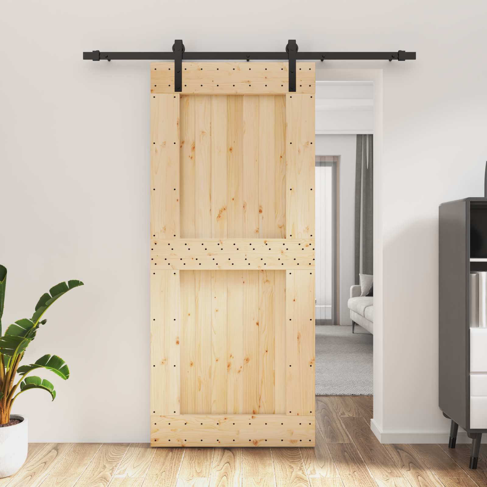 Klizna vrata Prirodna i crna 90 x 210 cm Čvrsta borovina