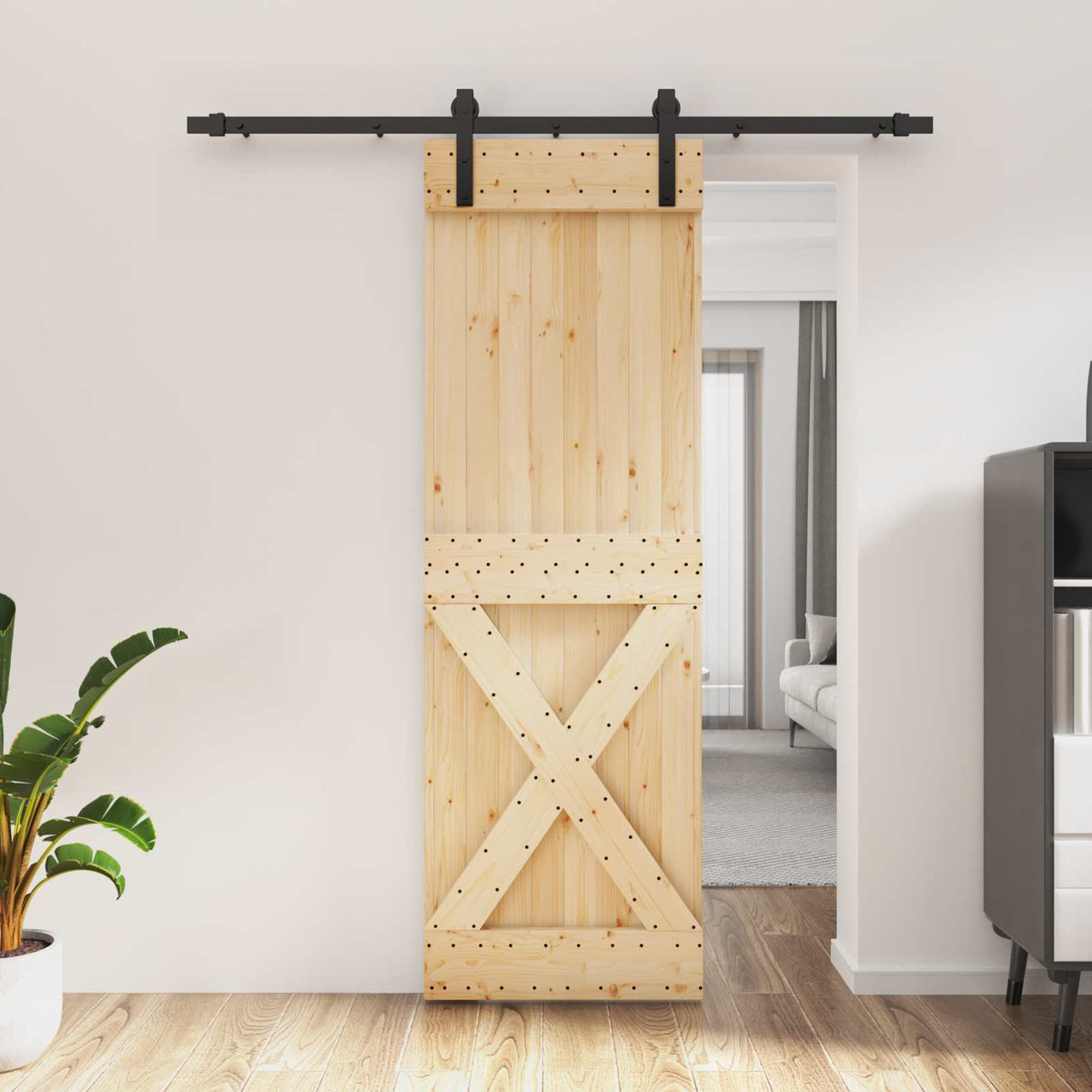 Klizna vrata Prirodna i crna 70 x 210 cm Čvrsta borovina