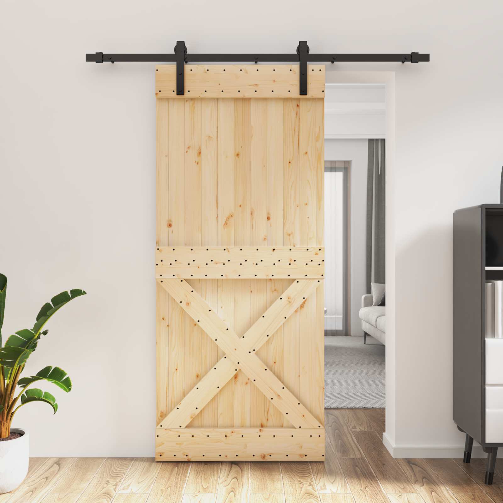Klizna vrata Prirodna i crna 90 x 210 cm Čvrsta borovina