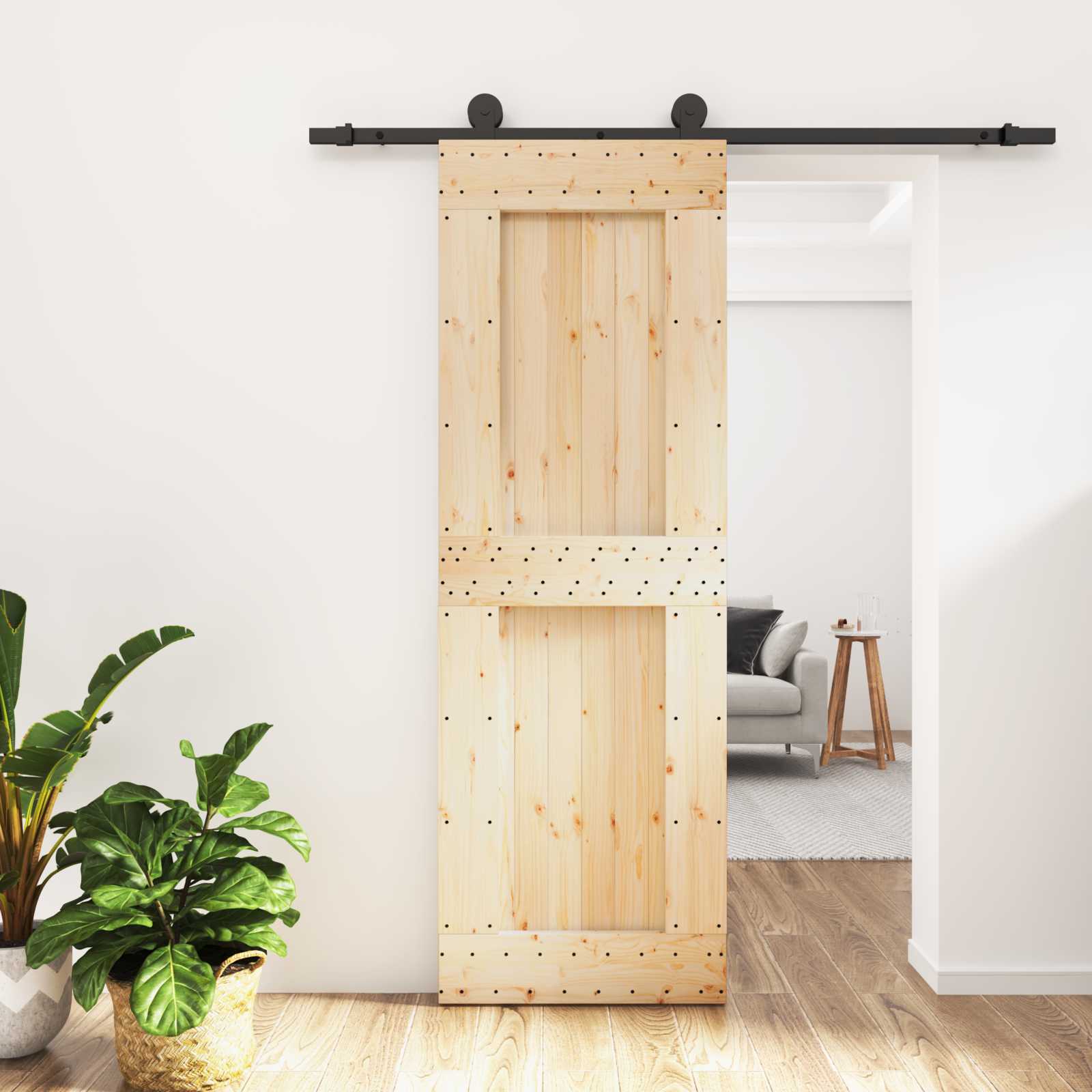 Klizna vrata Prirodna i crna 70 x 210 cm Čvrsta borovina