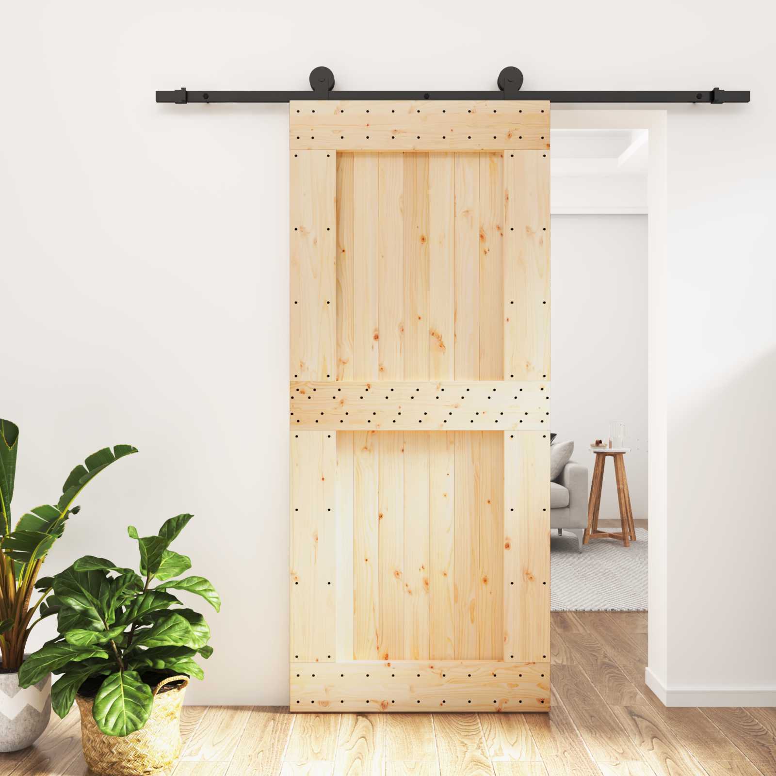 Klizna vrata Prirodna i crna 90 x 210 cm Čvrsta borovina