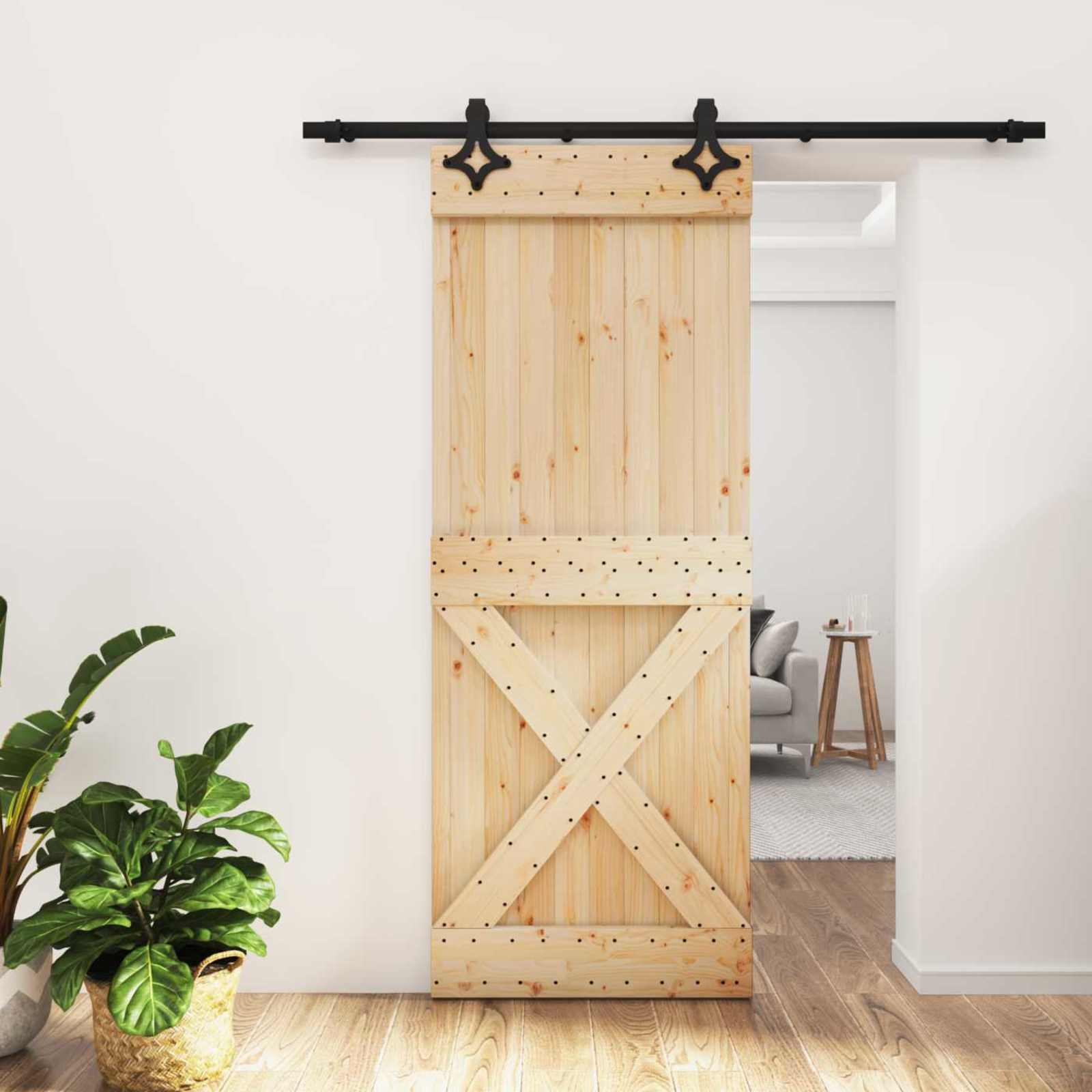Klizna vrata Prirodna i crna 80 x 210 cm Čvrsta borovina