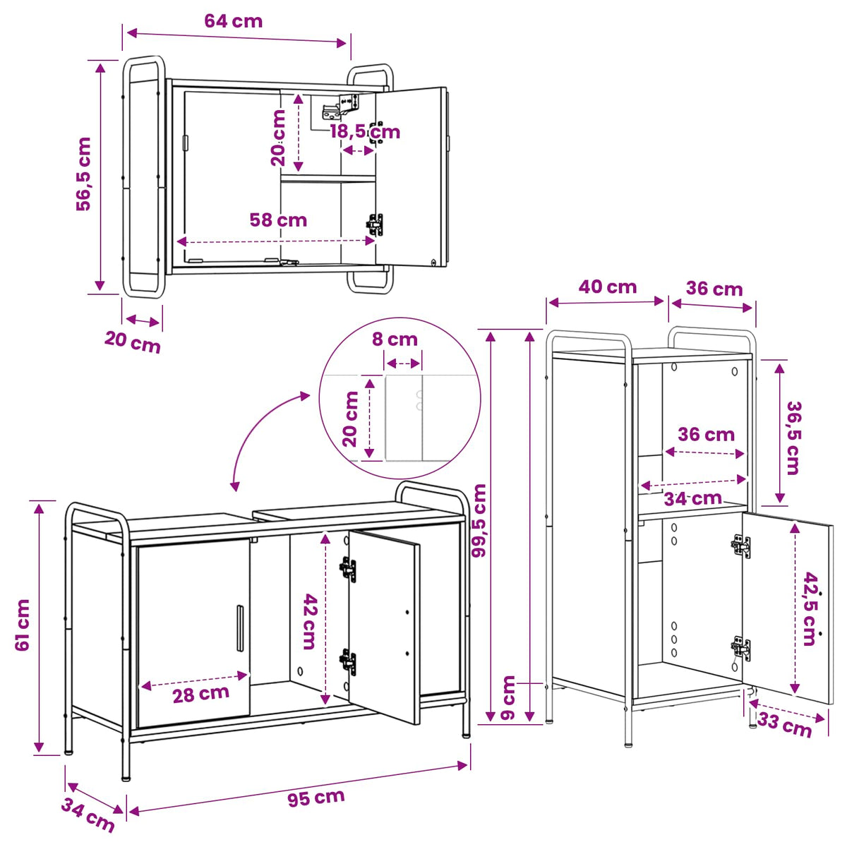 Set ormarića za kupaonicu 3 kom. Siva Sonoma 40 x 36 x 99,5 cm