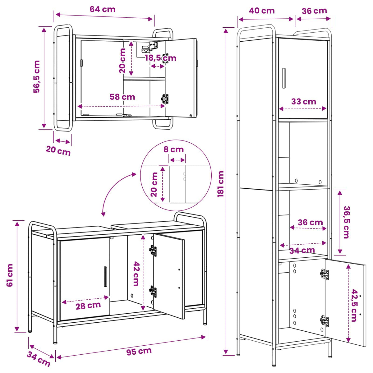Set ormarića za kupaonicu 3 kom. Siva Sonoma 40 x 36 x 181 cm