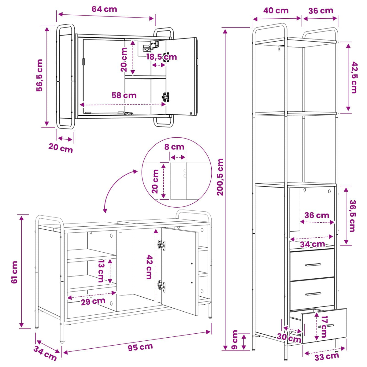 Set ormarića za kupaonicu 3 kom. Crni hrast 40 x 36 x 200,5 cm