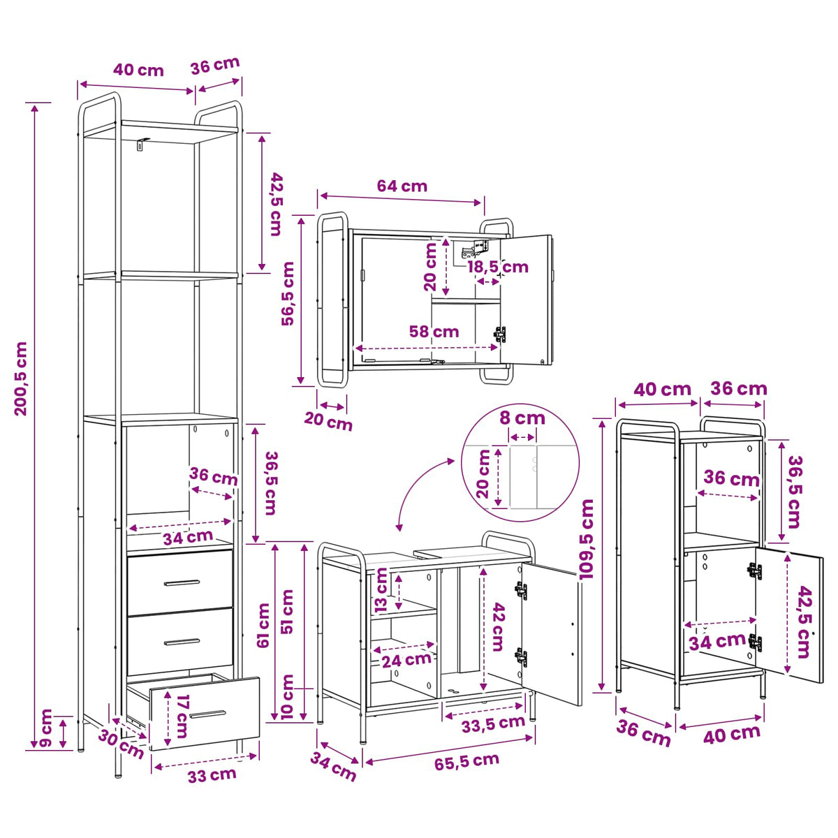 Set ormarića za kupaonicu 4 kom. Staro drvo 40 x 36 x 200,5 cm