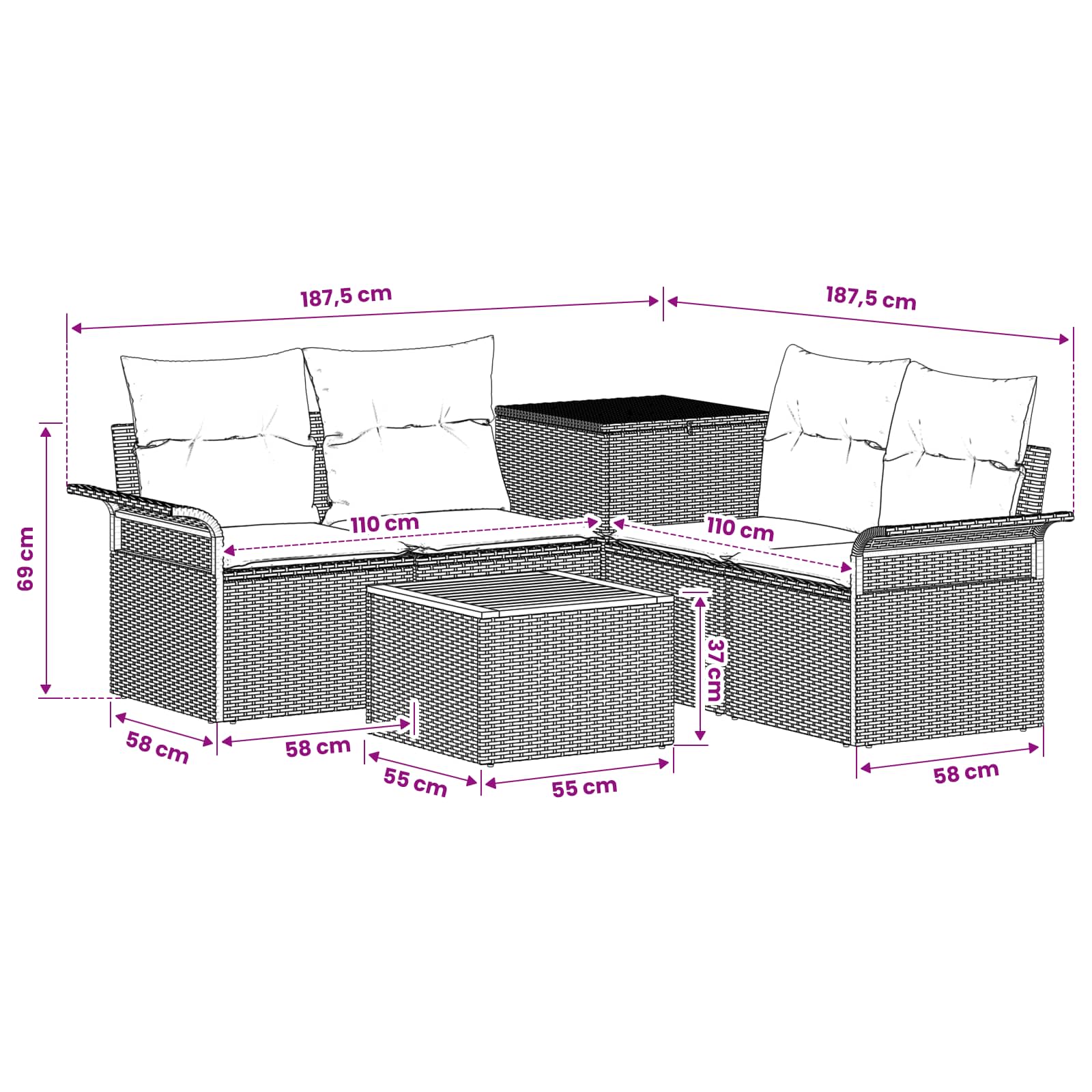 Set sofe 6 pcs 4-Broj sjedala Crna Poli Rattan i čelik