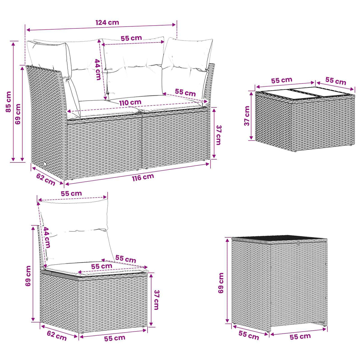 Set sofe 6 kom. Crna i Plava 55 x 55 x 37 cm