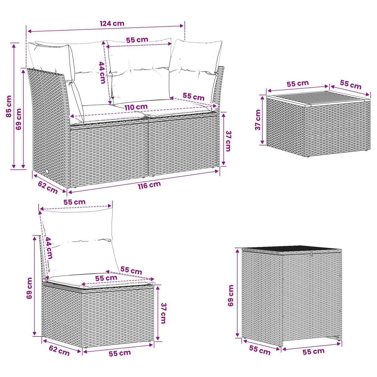 Set sofe 6 kom. Crna i Plava 55 x 55 x 37 cm