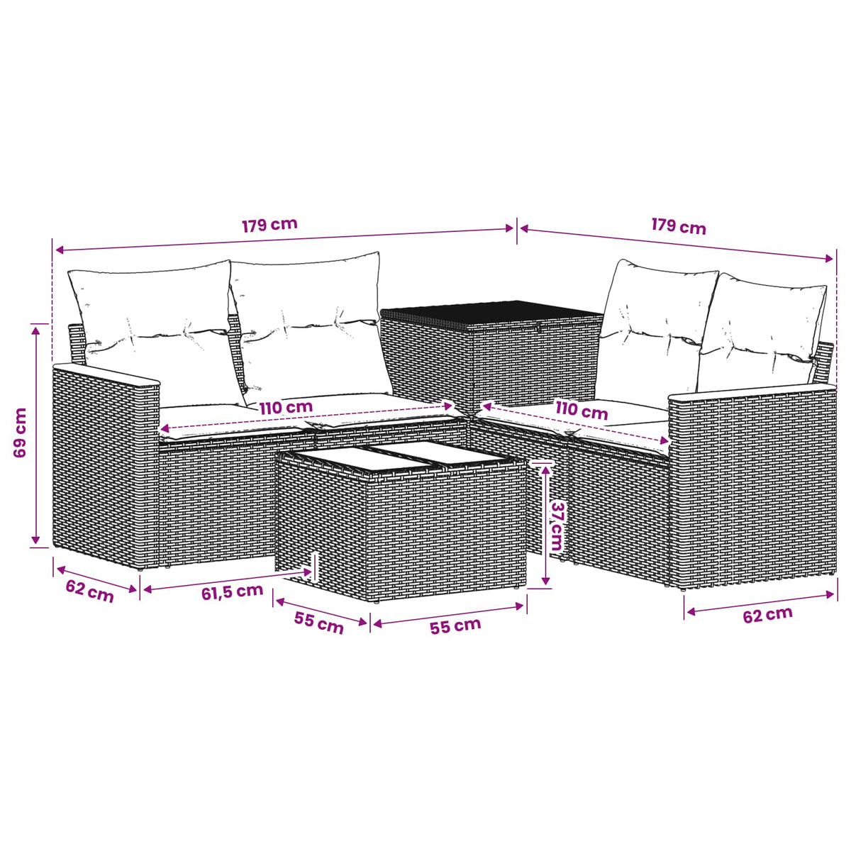 Set sofe 6 kom. Crna i Plava 55 x 55 x 37 cm