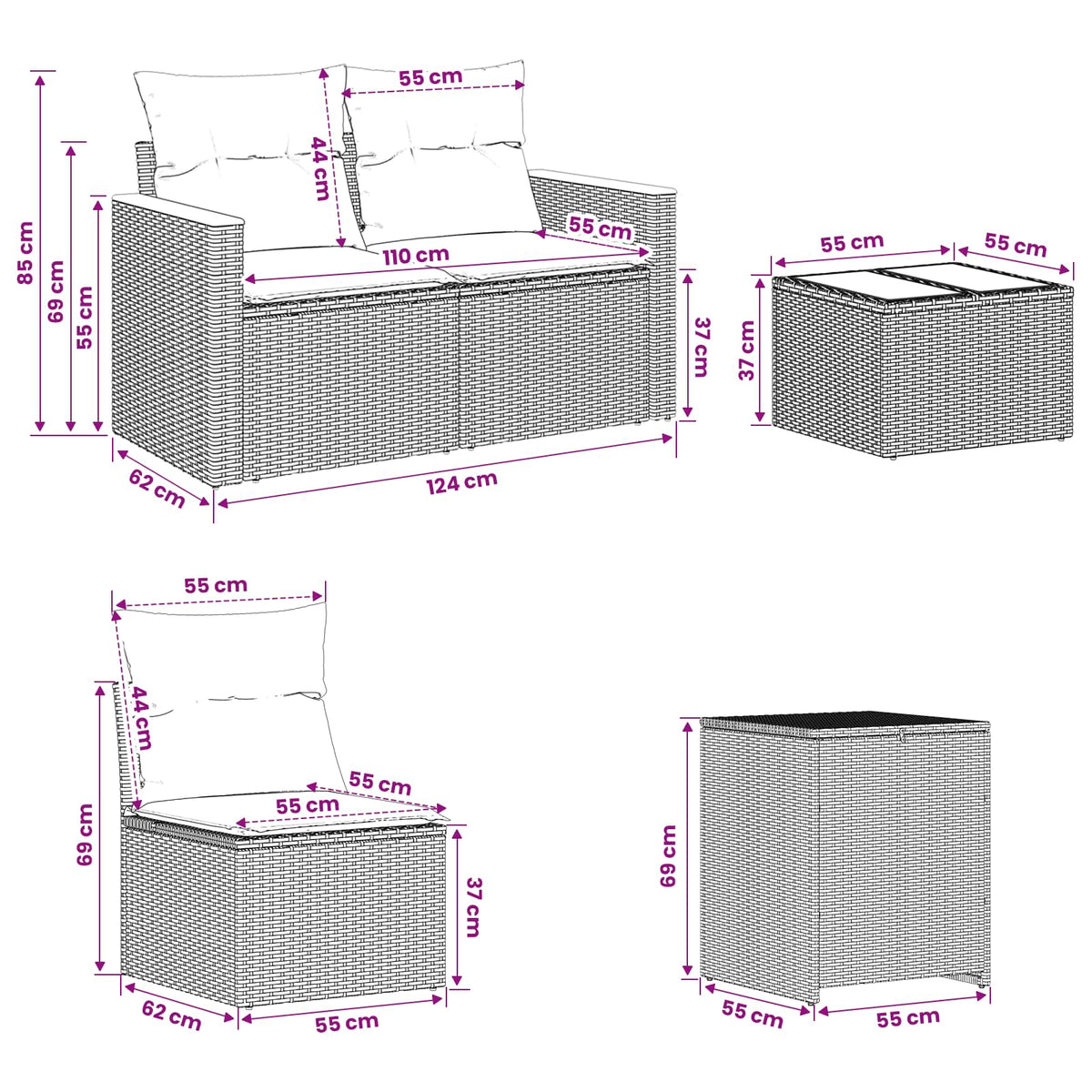 Set sofe 6 kom. Crna i Plava 55 x 55 x 37 cm