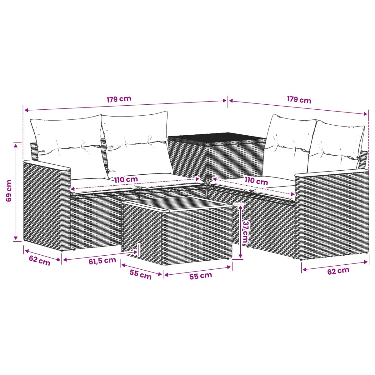 Set sofe 6 kom. Siva i tamnoplava 55 x 55 x 37 cm