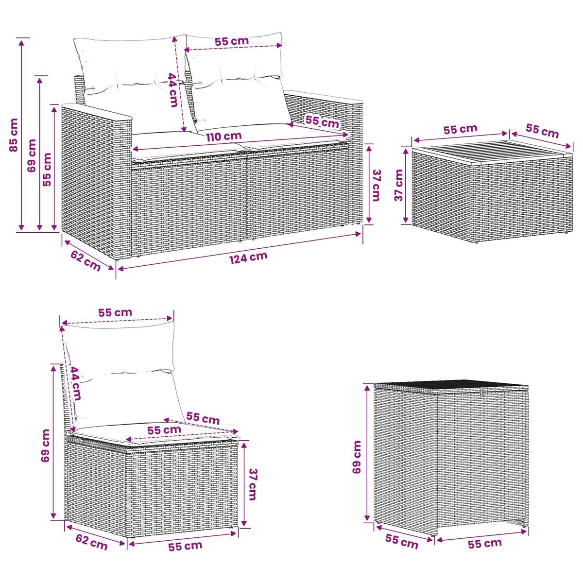 Set sofe 6 kom. Siva i tamnoplava 55 x 55 x 37 cm