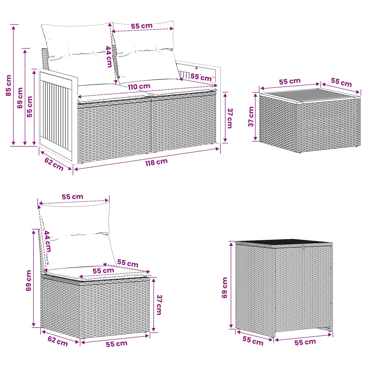 Set sofe 6 kom. Crna i Plava 55 x 55 x 37 cm