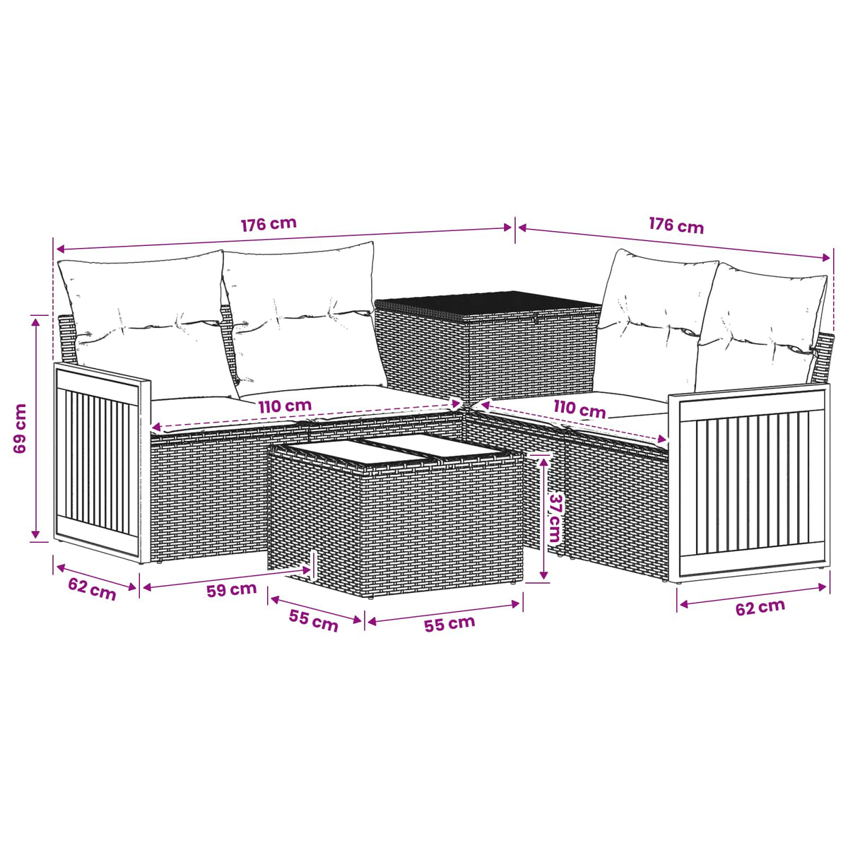 Set sofe 6 kom. Siva i tamnoplava 55 x 55 x 37 cm