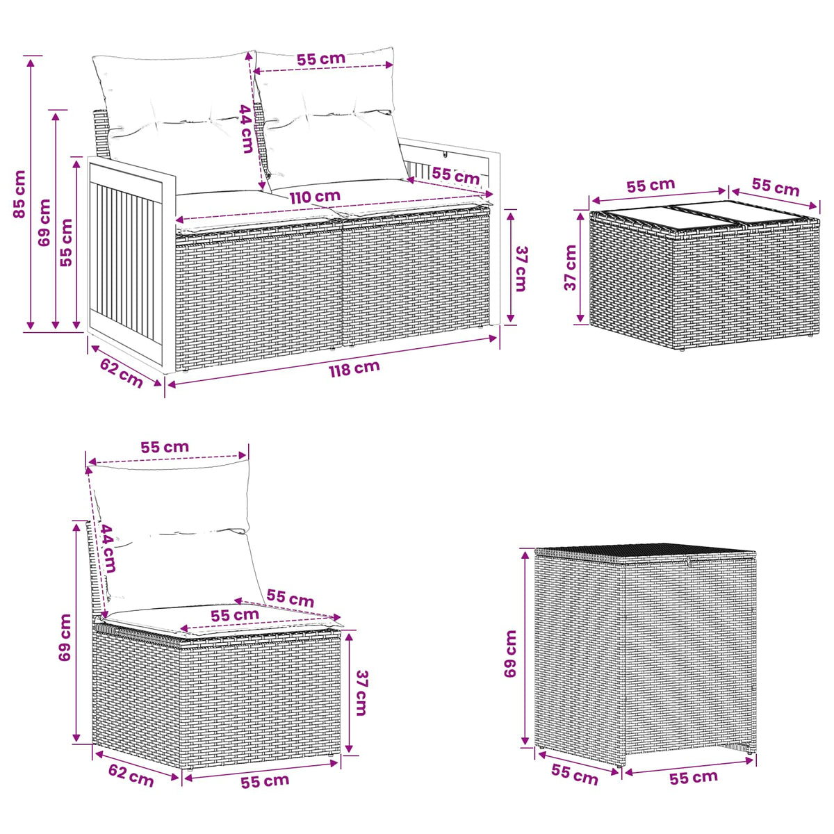 Set sofe 6 kom. Siva i tamnoplava 55 x 55 x 37 cm