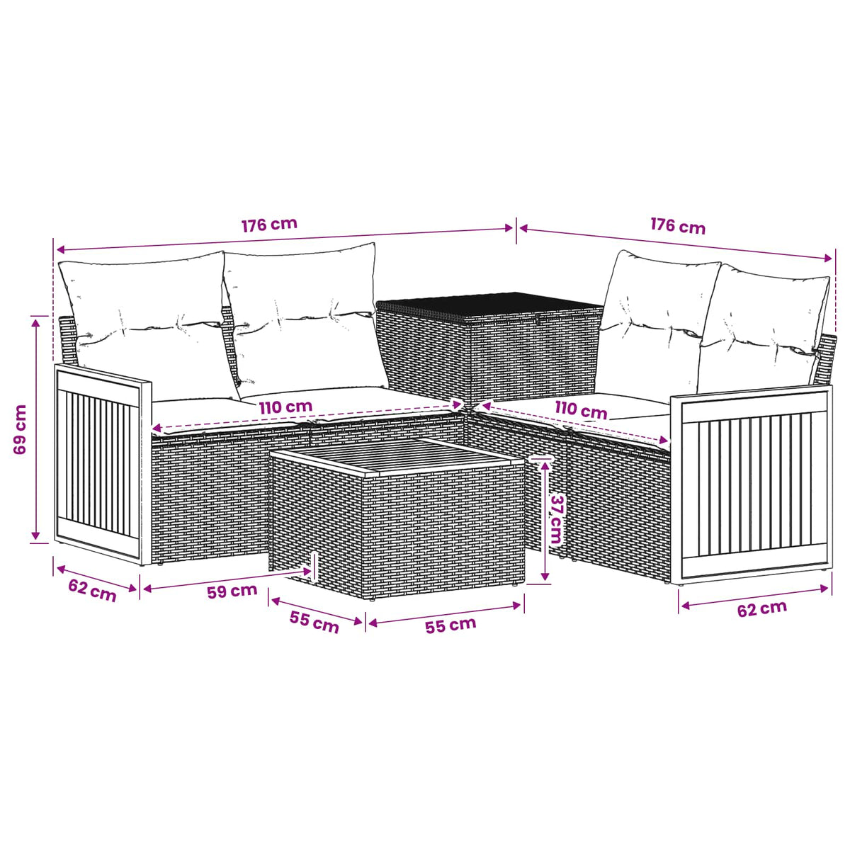 Set sofe 6 kom. Siva i tamnoplava 55 x 55 x 37 cm