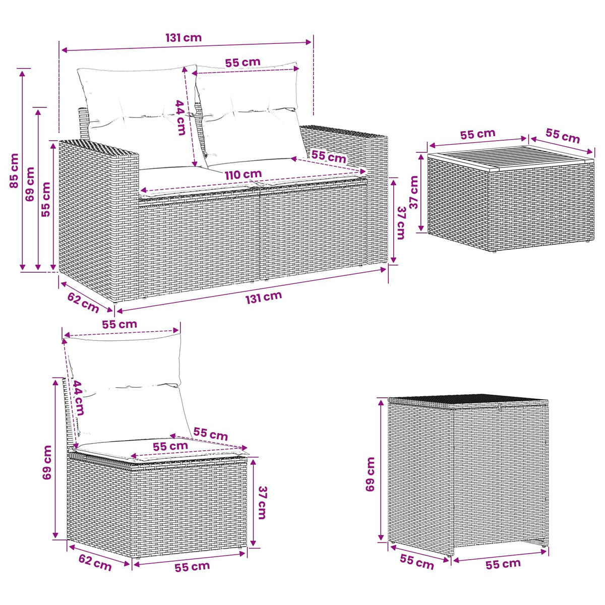 Set sofe 8 kom. Crna i Plava 55 x 55 x 37 cm