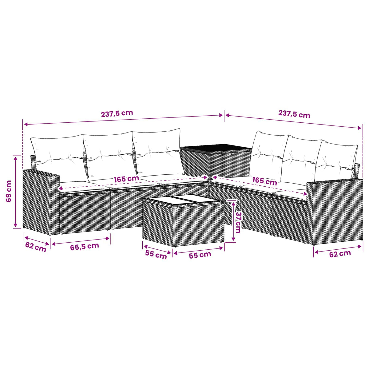 Set sofe 8 kom. Siva i tamnoplava 55 x 55 x 37 cm