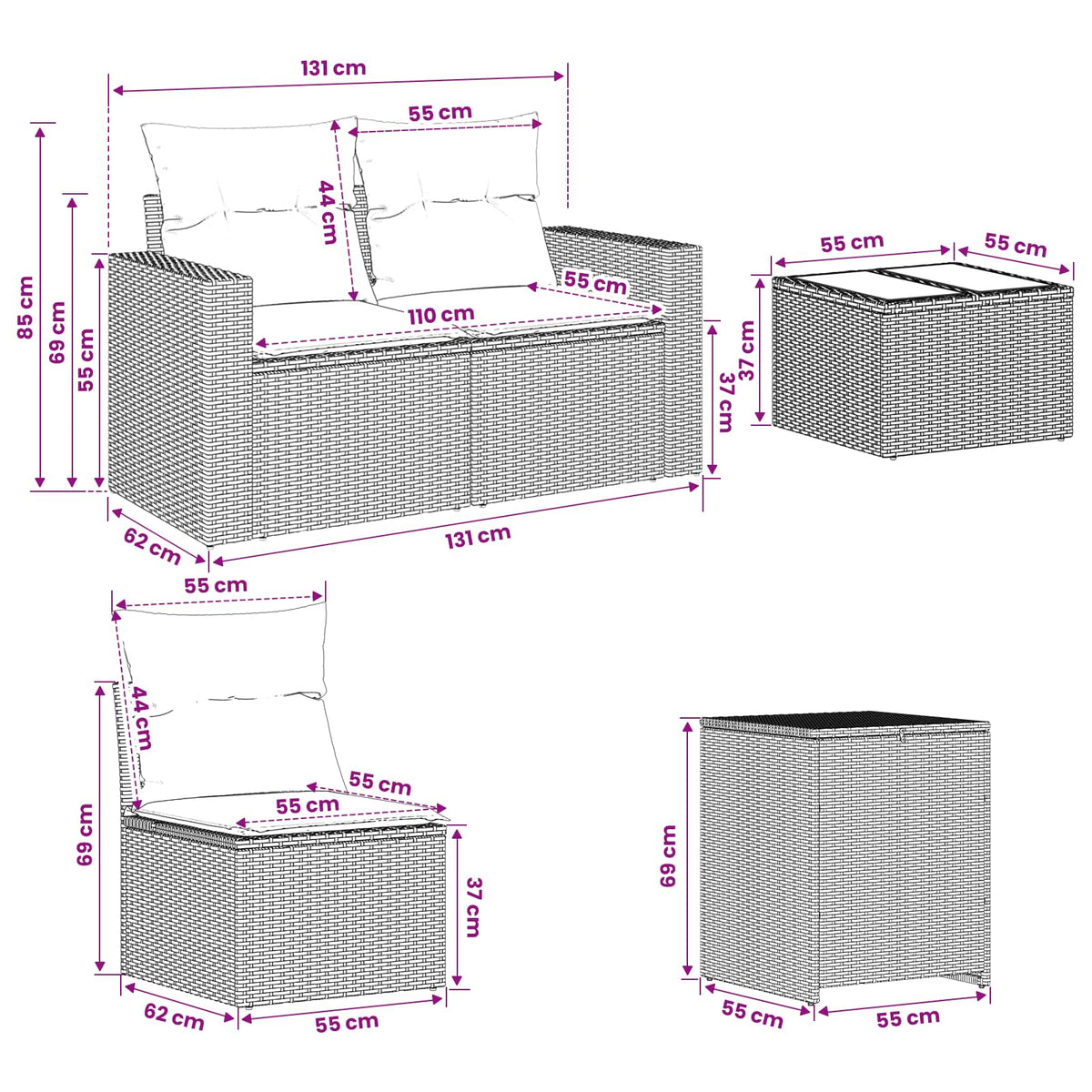 Set sofe 8 kom. Siva i tamnoplava 55 x 55 x 37 cm