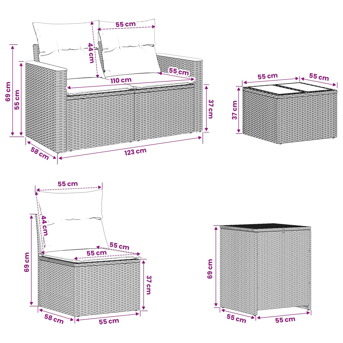 Set sofe 8 kom. Siva i tamnoplava Poli Rattan i čelik