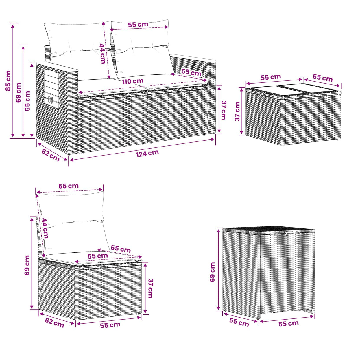 Set sofe 8 kom. Siva i tamnoplava 55 x 55 x 37 cm