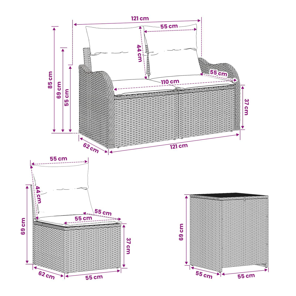 Set sofe 7 kom. Crna 121 x 62 x 69 cm Poli Rattan i čelik