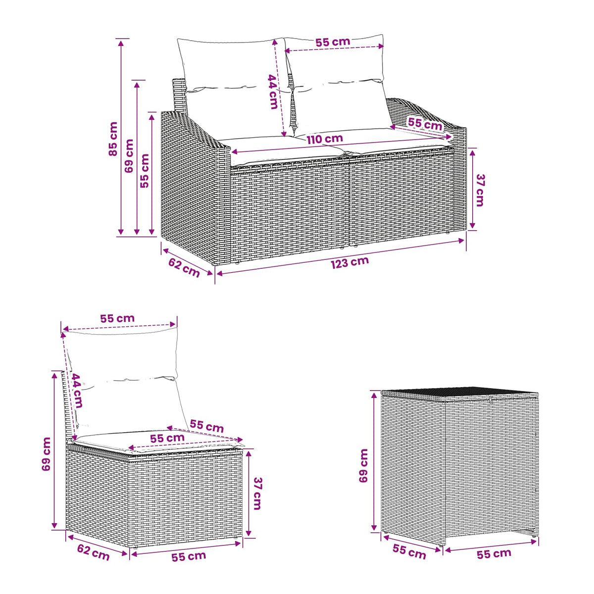 Set sofe 7 pcs Crna Poli Rattan i čelik