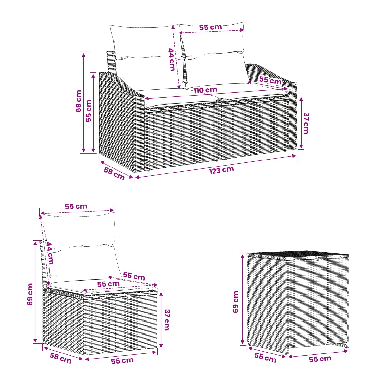 Set sofe 7 pcs Smeđa i krem bijela Poli Rattan i čelik