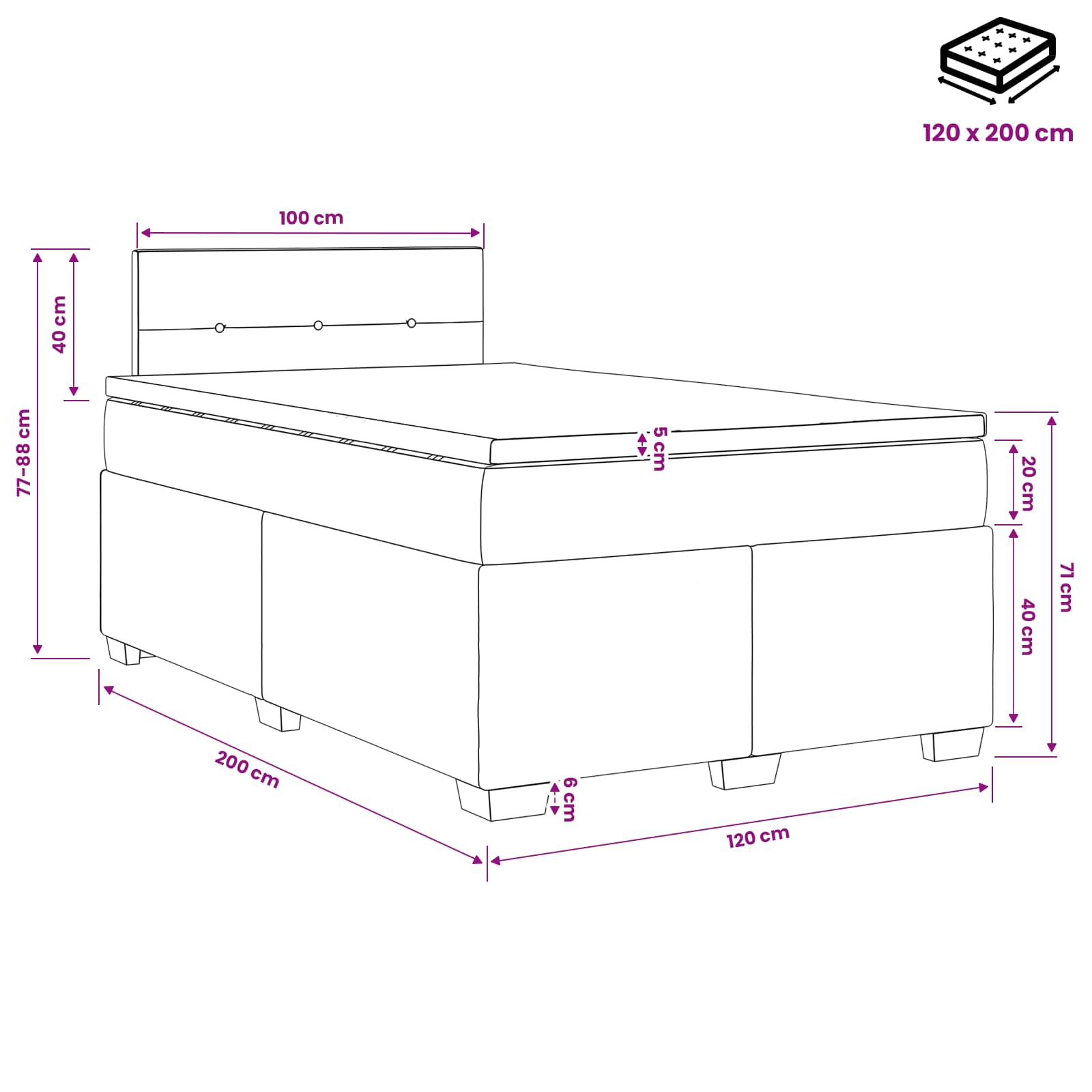 Boxspring krevet s madracem Crna 120 x 200 cm Tkanina