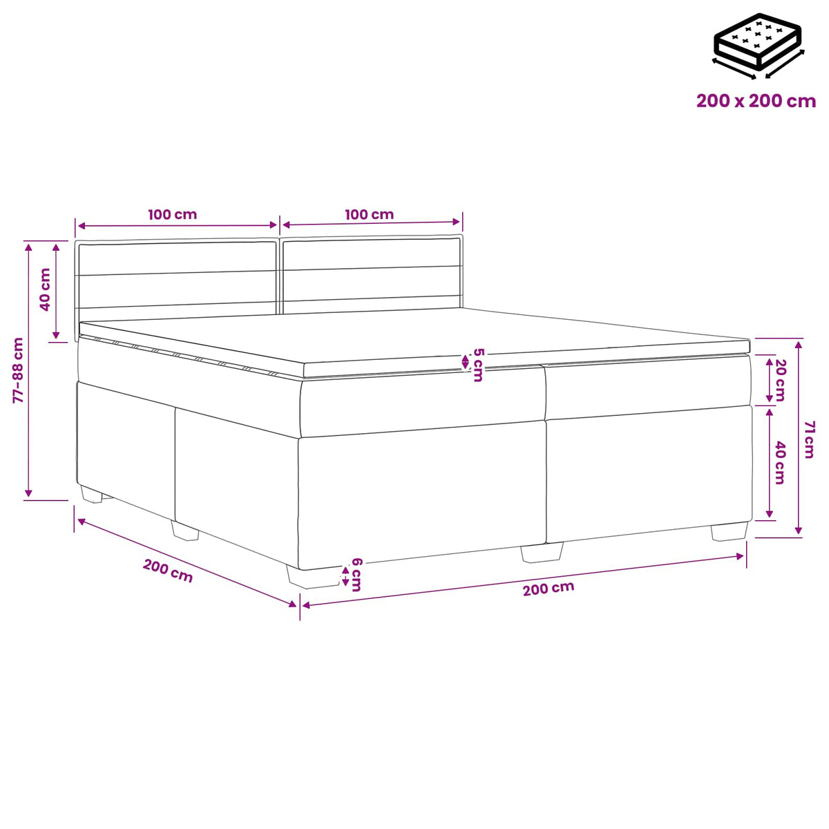 Boxspring krevet s madracem Tamnosiva 200 x 200 cm Tkanina