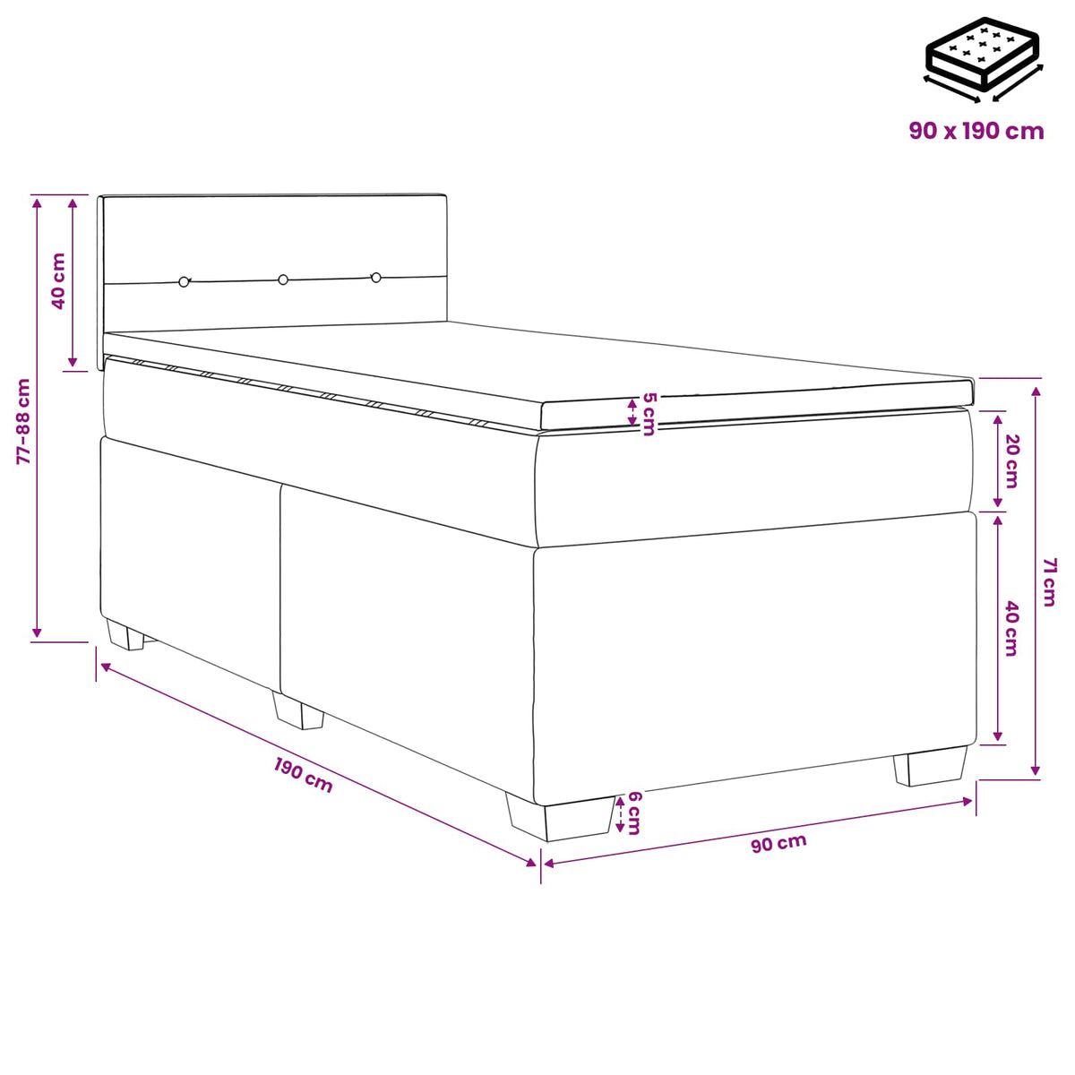 Boxspring krevet s madracem Tamnosiva 90 x 190cm Tkanina