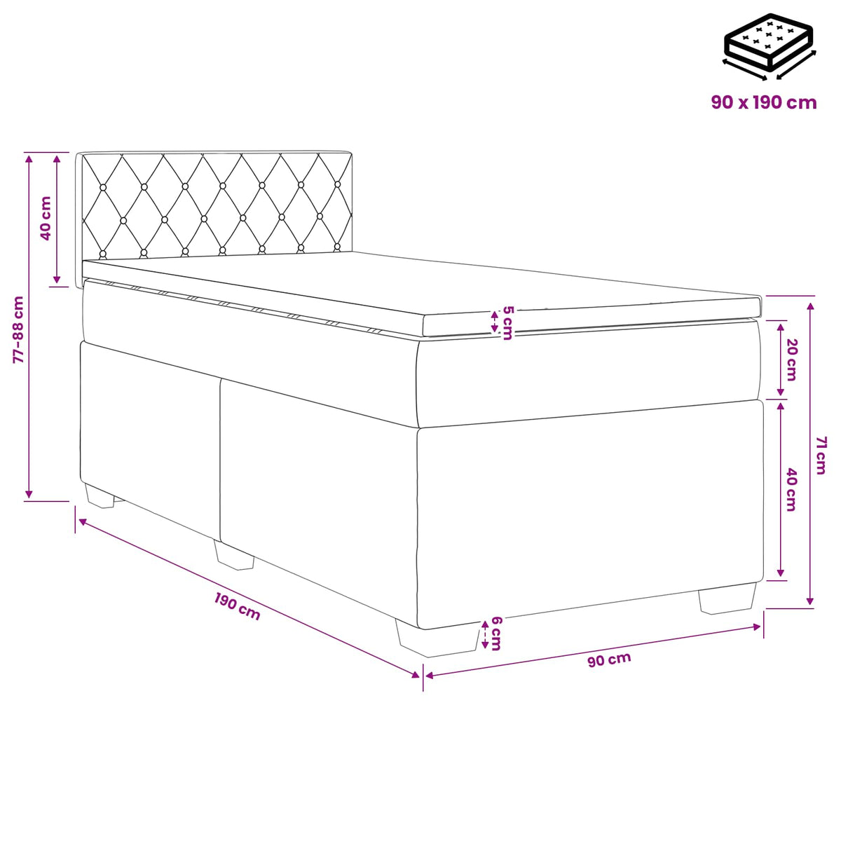 Boxspring krevet s madracem Crna 90 x 190 cm Baršun