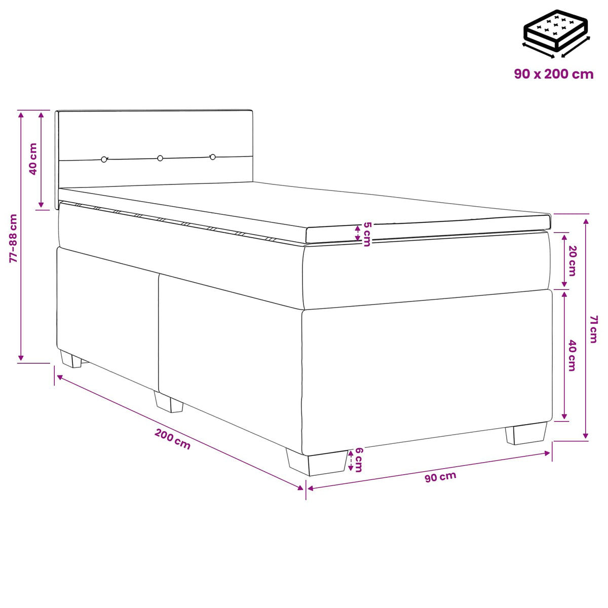 Boxspring krevet s madracem Tamnosiva 90 x 200 cm Baršun