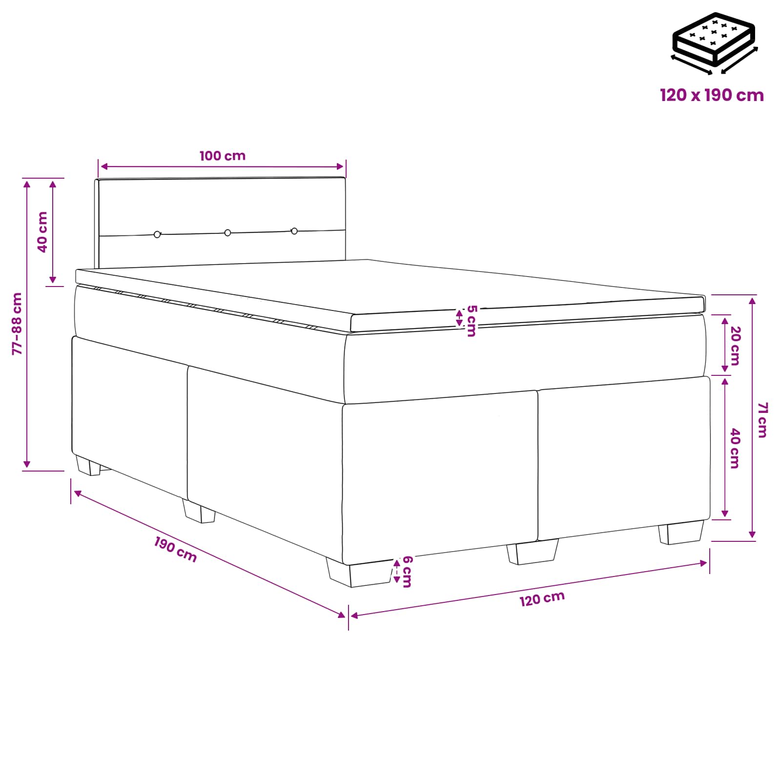 Boxspring krevet s madracem Crna 120 x 190 cm Baršun
