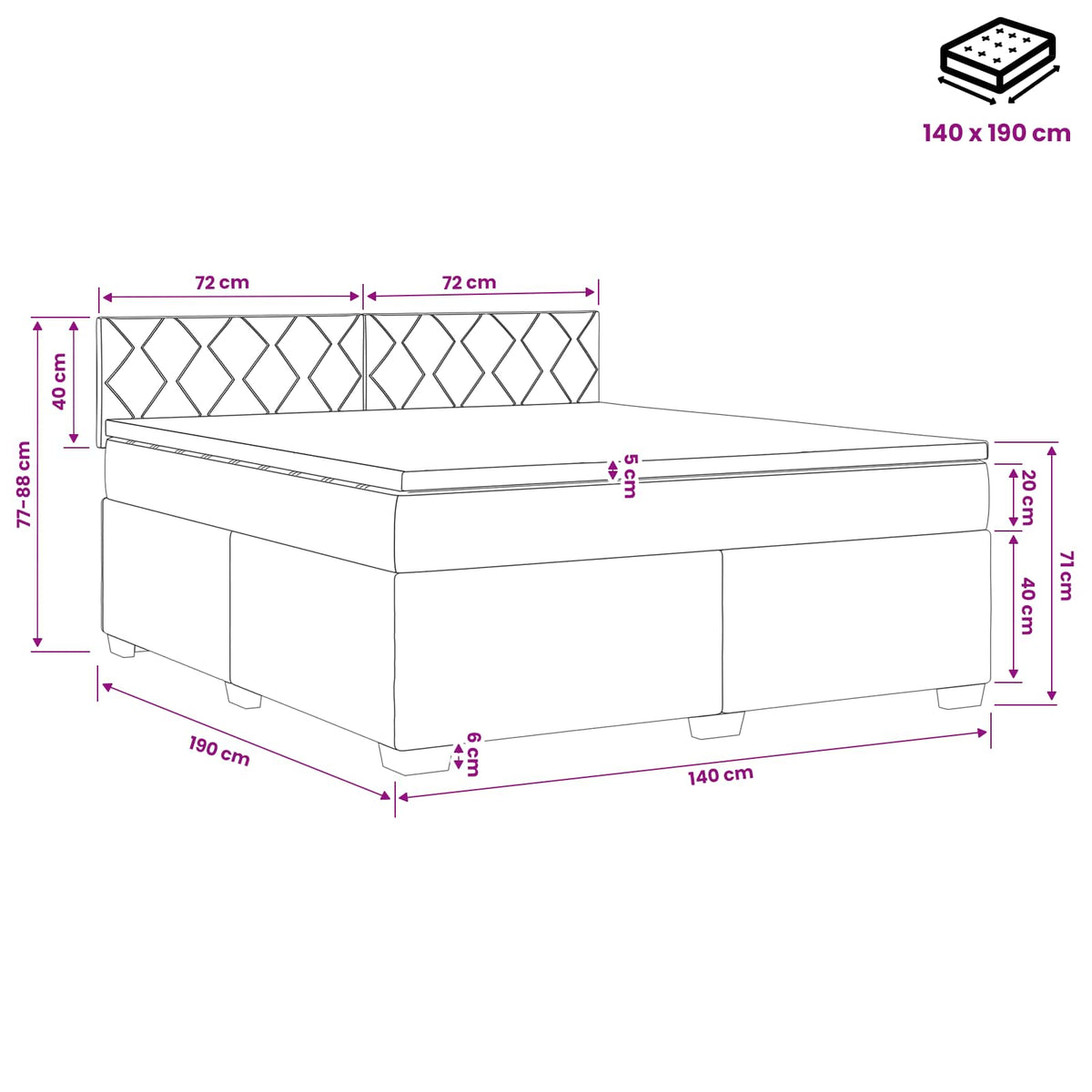 Boxspring krevet s madracem Crna 140 x 190 cm Baršun